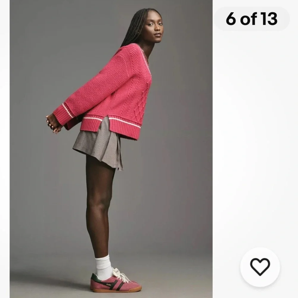 Anthropologie Maeve Sweater The Tillie V-Neck Cable Knit Pullover in Berry Pink - Picture 5 of 14